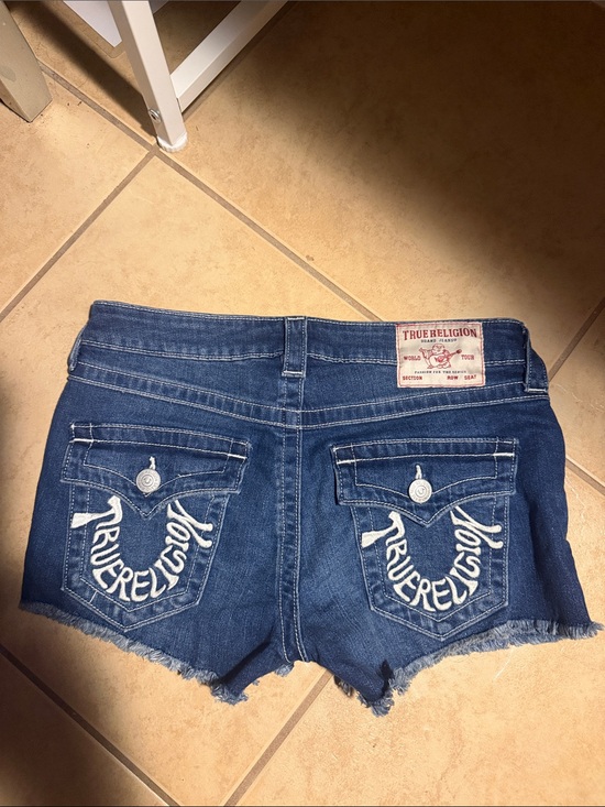 True Religion Pants - True Religion Dark Blue Women's Embroidered Denim Cutoff Shorts